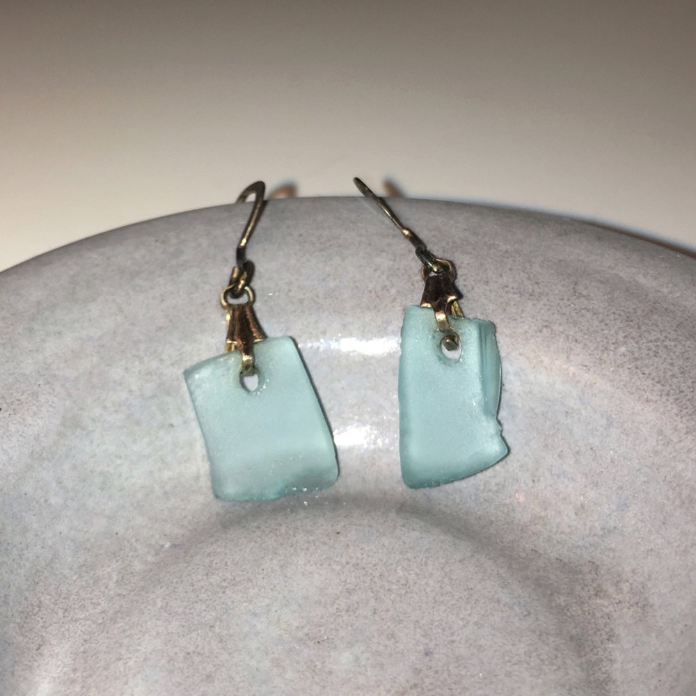 Blue Sea Glass Dangly Earrings